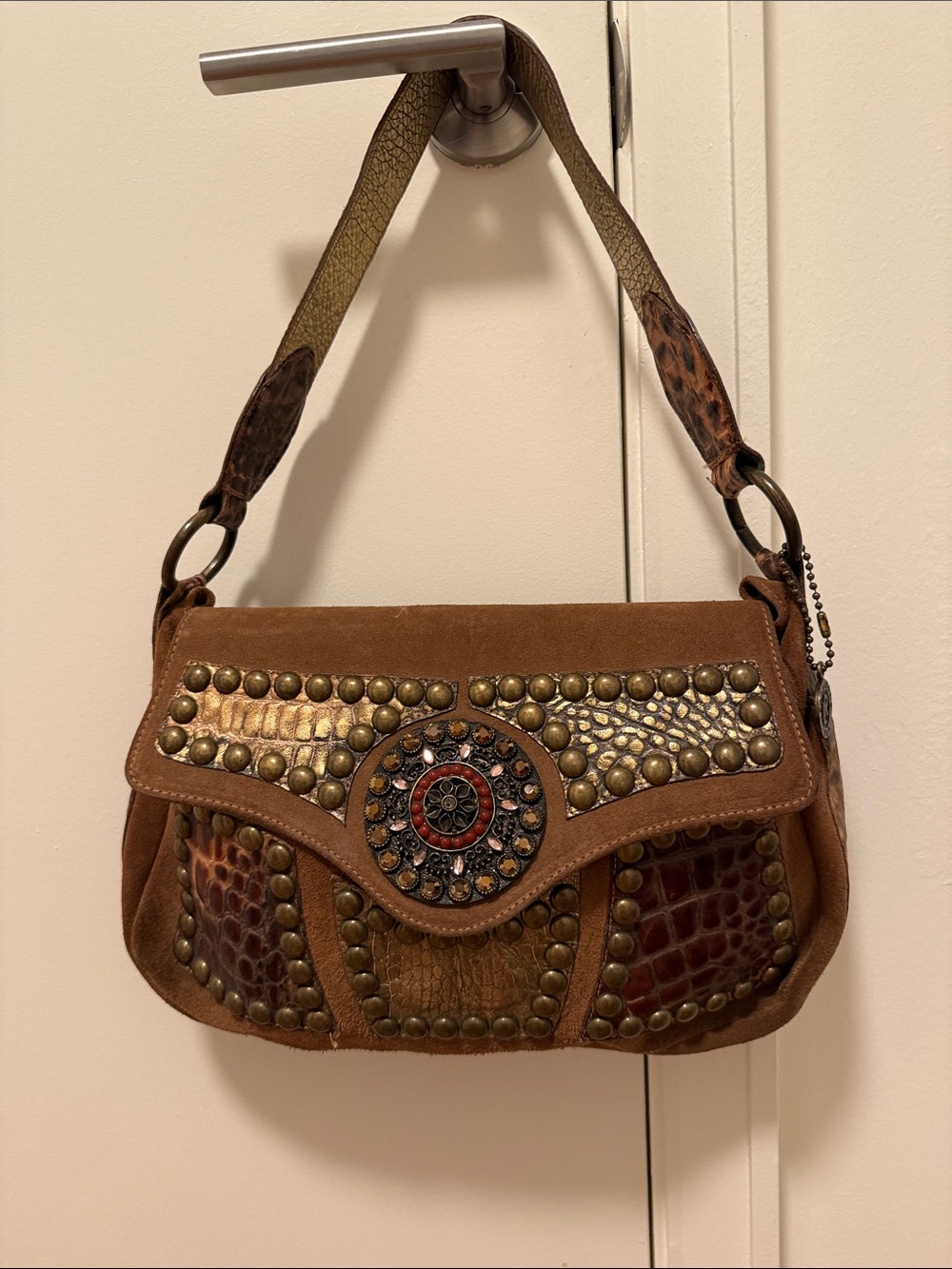 Leatherock USA Brown Studded Suede Shoulder Bag with Embellished Medallion